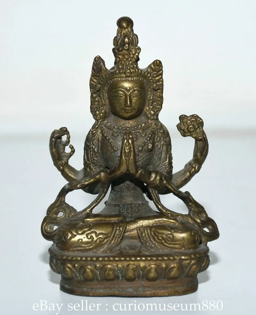

.4 inch Chinese Old Brass 4 Arm Chenrezig Avalokiteshvara Buddha Sculpture -