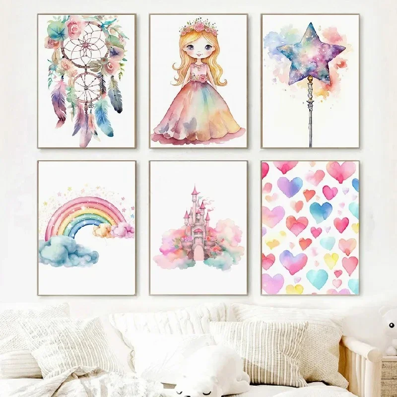 Dreamcatcher Princess Unicorn Girl Fairy Castle Colorful Wall Art Canvas Painting Posters and Prints Picture for Kids Room De