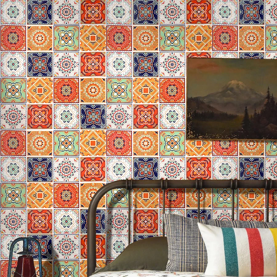 Boho Chic Mosaic Tile Wallpaper Roll Vibrant Floral Geometric Pattern Self-Adhesive Wall Mural for Living Room Accent Wall Decor