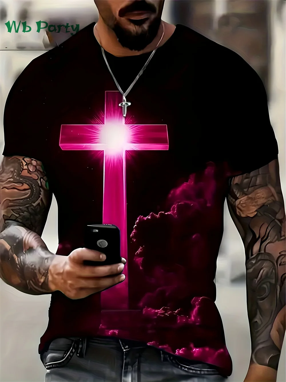 Redemption Night Crucifix Pattern Print T-shirt Short Sleeve Tee Men's Oversize T-shirt Crucifix Print Clothes Graphic T shirts