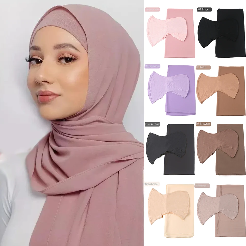 Ensemble de foulard hijab en mousseline de soie pour femme musulmane, bonnet turban, voile islamique, mode musulmane, ramadan, écharpes de sauna,