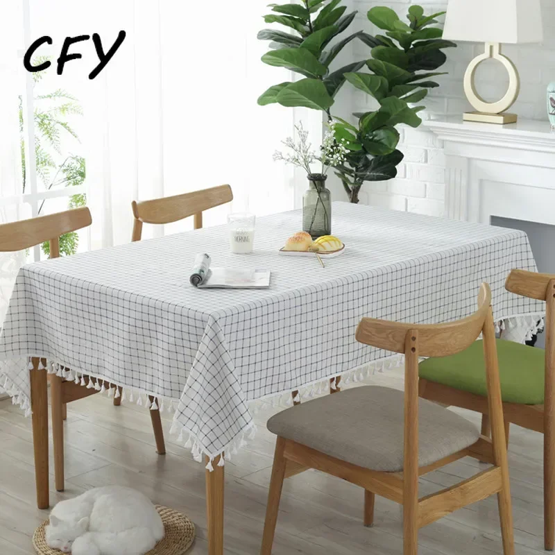 

American Style Blue Thread Thickened Plaid Cotton Linen RectangularTablecloth Home Coffee Dining Table Fireplace Microwave Cover