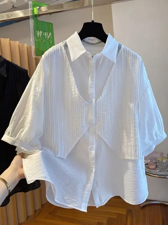 Ele Bla Mo Two-Piece irt Women's ort Sve Loose Design Summer New Sle Five-Quarter Sve Top  Collar