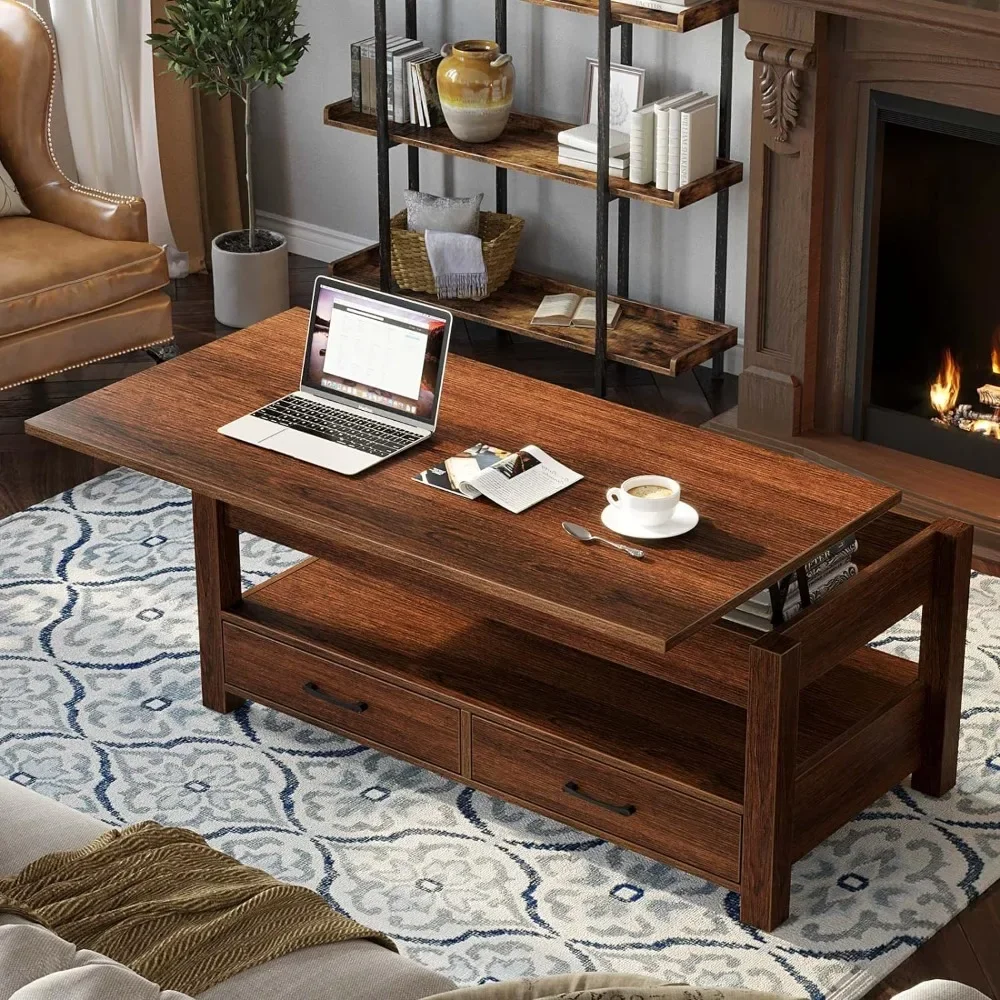 

Coffee Table, Lift Top Coffee Tables with Drawers and Hidden Compartment, Retro Central Table with Wooden Lift Tabletop