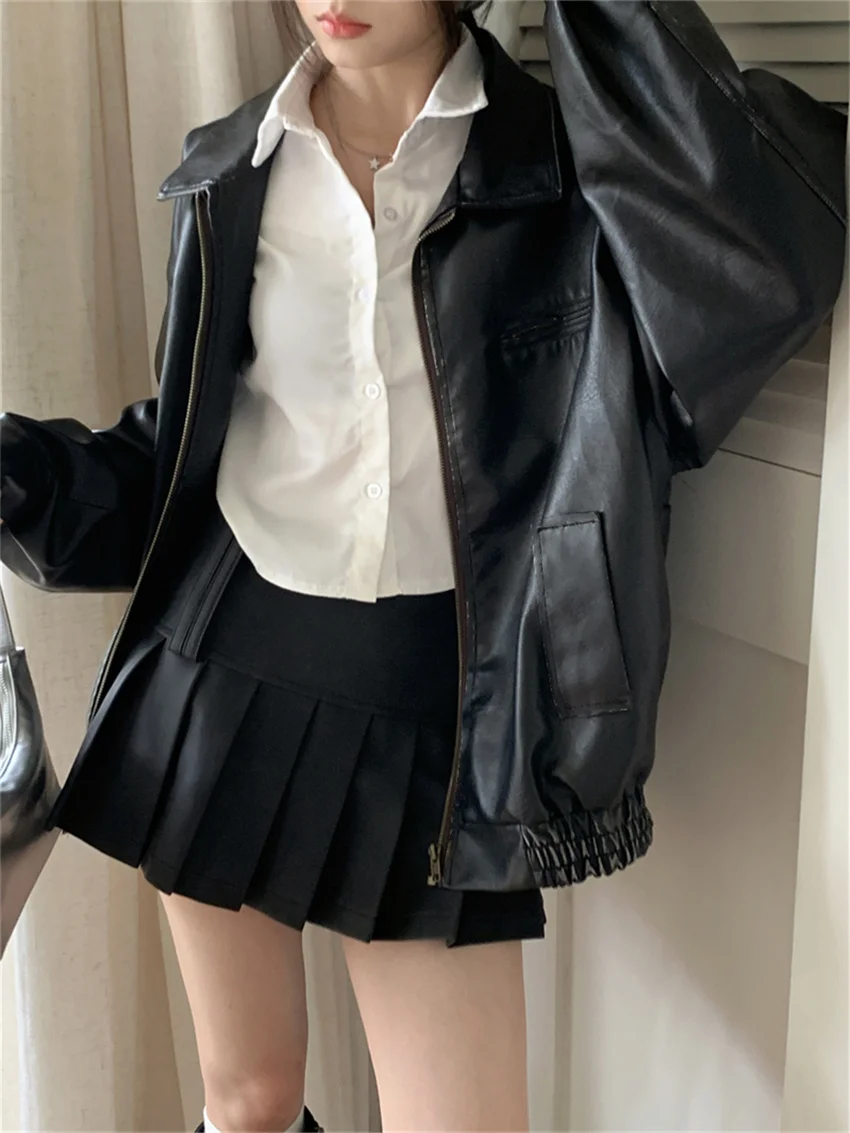 PLAMTEE OL Jackets Women Chic Loose Faux PU Fashion Casual 2023 Autumn Locomotive Daily Office Lady Slim High Street Coats