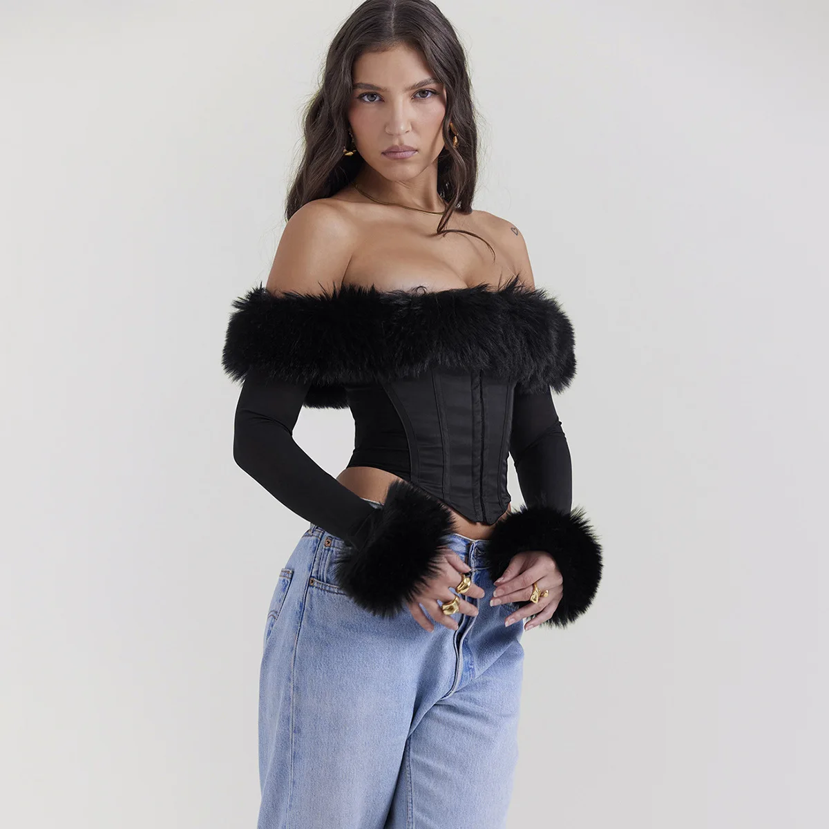 Oligai Long Sleeve Corset Top Faux Fur Collar Bodycon Cropped Top Sexy Black Elegant Off The Shoulder Blouse Women\'s Clothing