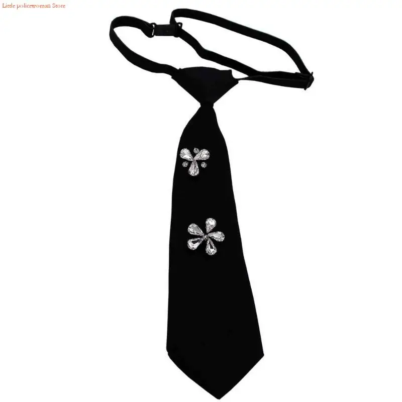 F92D Rhinestones Embellished Necktie for Women Men Student Elegant Pre Tied Adjustable Black Ties for Uniform School Shirt