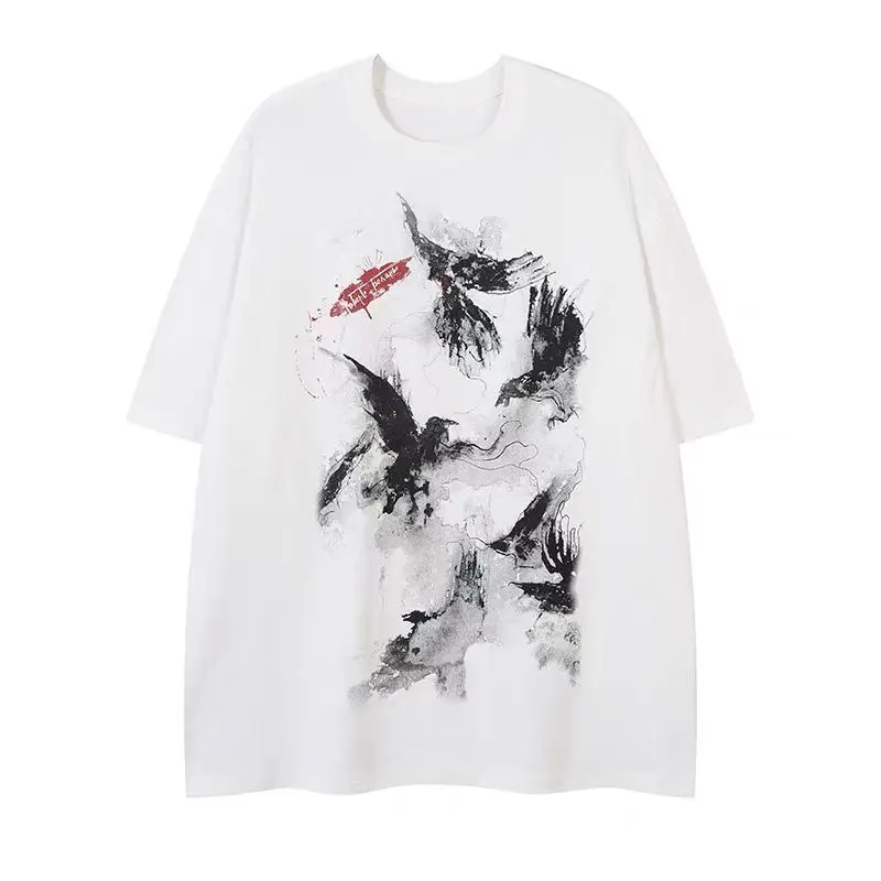 2026 موضة جديدة الأمريكية شارع الحبر حمامة السلام طباعة تي شيرتات قصيرة الاكمام للجنسين قسط القطن عادية حجم كبير