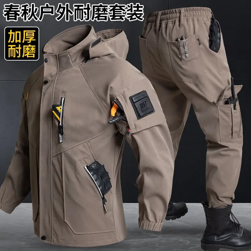 Men Stretch Fabric Two Piece Workwear Set Breathable Wear Resistant Hooded Jacket Multi Pocket Cargo Pants Uniform