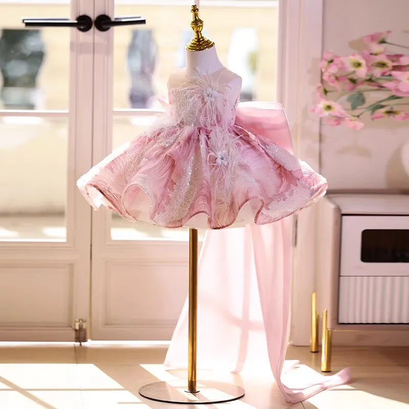 Luxury Summer Feather Sequin New Design Princess Dress Girl's Fashion Clothing Ball Gown Dance Kids Girls Formal Dresses