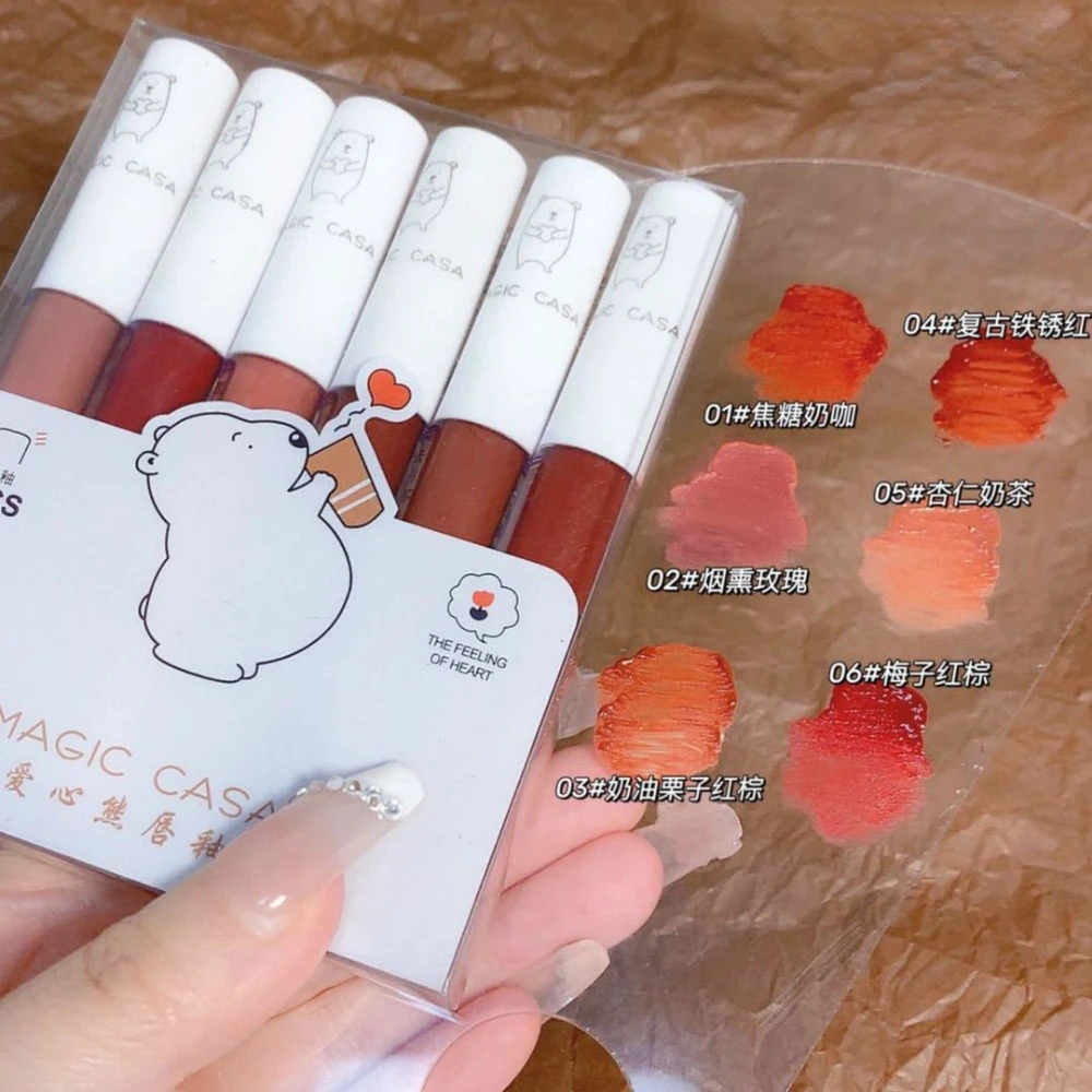 6pcc/set Velvet Matte Lipstick Lip Tint Mud Set Moisturizing Cosmetics Love Bear Lip Glaze Lip Stick Lip Gloss Lip Tint Mud