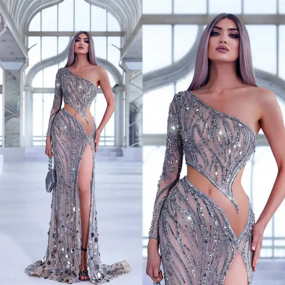Sexy Sparkling Evening Dress Slim-line One Shoulde Sequins  Floor-Length Court Gown Dress Plus Size  Vestido De Noite Customized