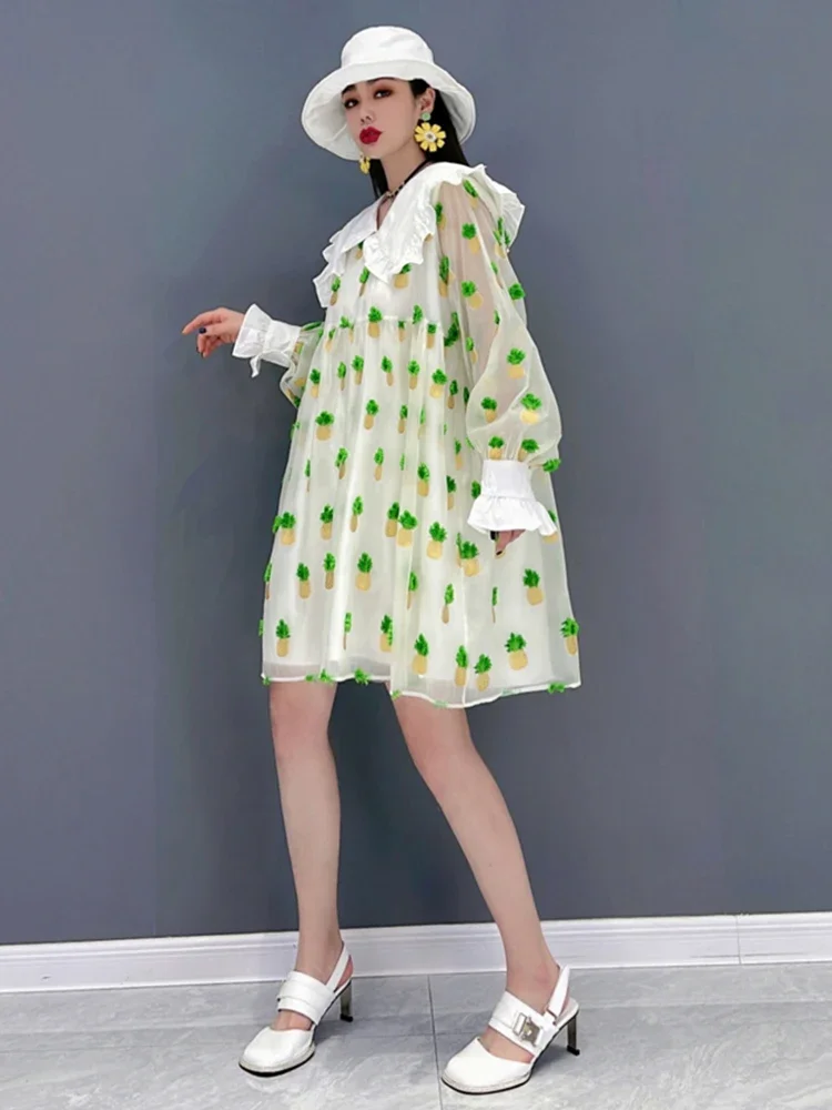 XITAO Patchwork Print Dress Women Korea 2024 Summer New Personality Fashion Loose Peter Pan Collar Full Sleeve Dress WMD5363