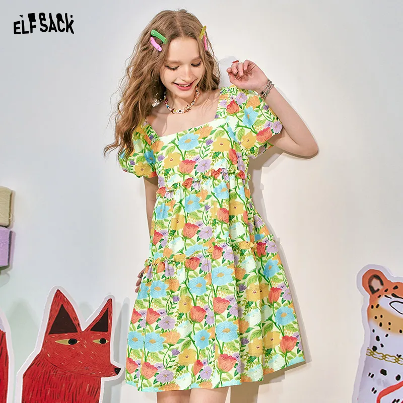 ELFSACK 2024 Summer New Bubble Sleeves Fragmented Flower Dress Women's Waist Wrapped Style Holiday Princess Dress