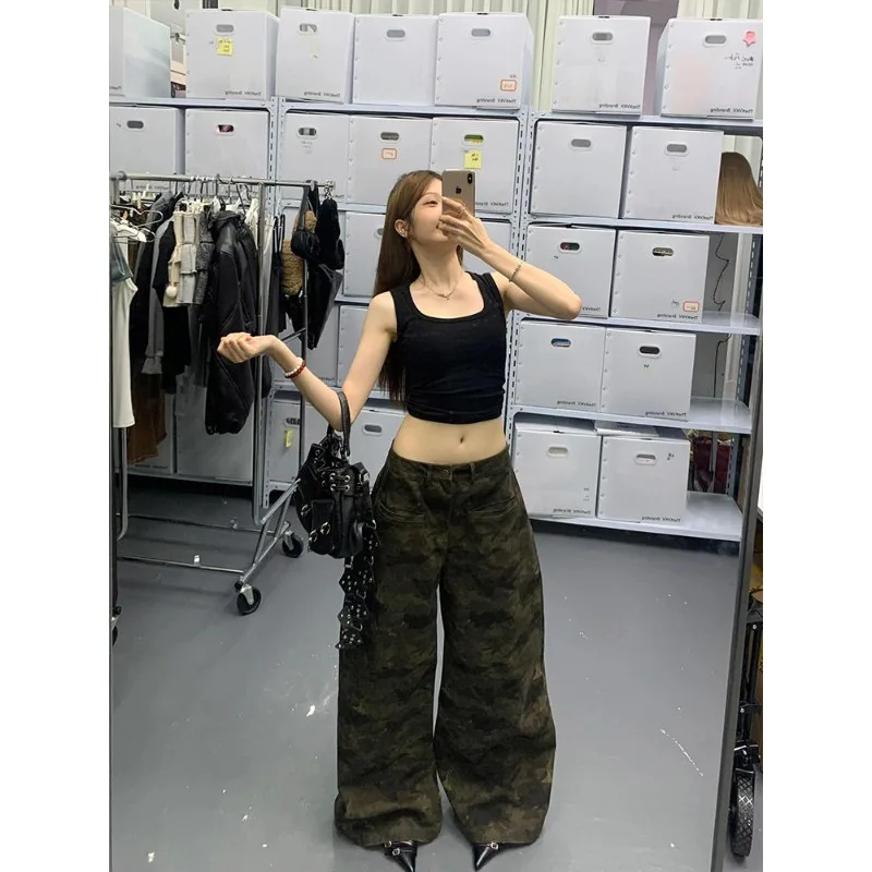 Jean taille haute pour femmes, Baggy, décontracté, Vintage, Camouflage Y2K, pantalon droit, rue américaine, jambes larges, Denim, été