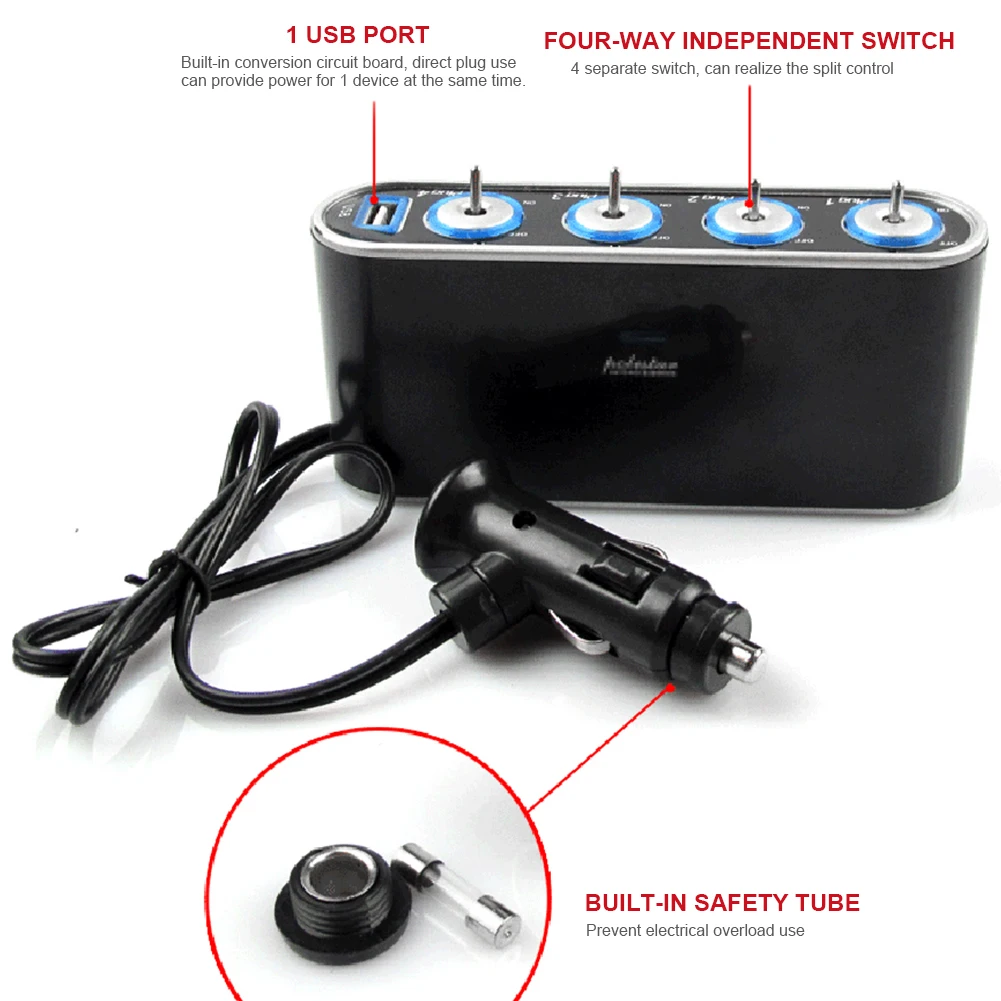 12V Car Power Distributor USB Port Cigarette Lighter Socket Splitter LED Light Cigarette Lighter Plug Socket Car Charger Adapter