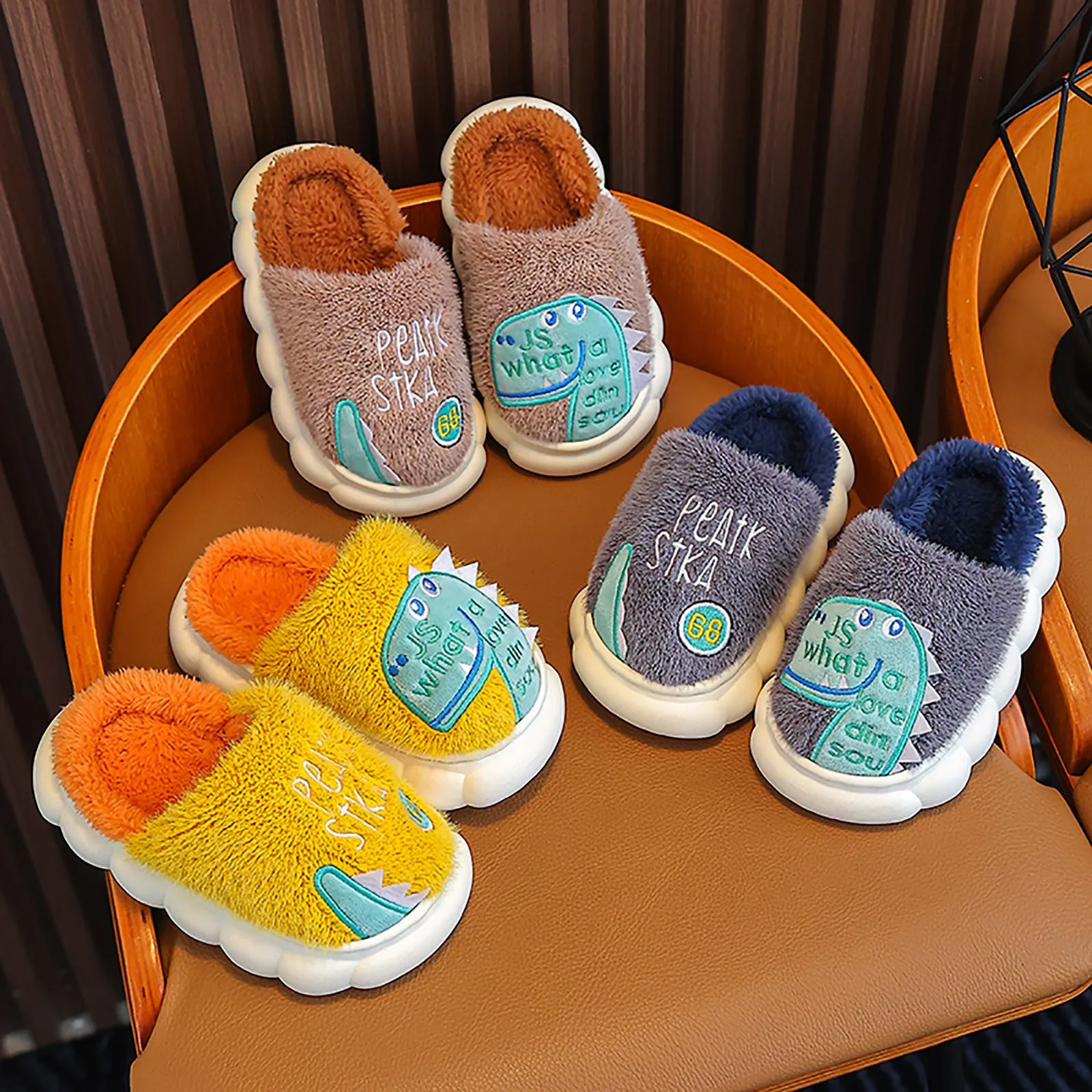 Winter Cute Cartoon Dinosaur Children Plush Slippers Soft Sole Warm Baby Boys Girls Indoor Home Non-slip Kids Thick Cotton Shoes