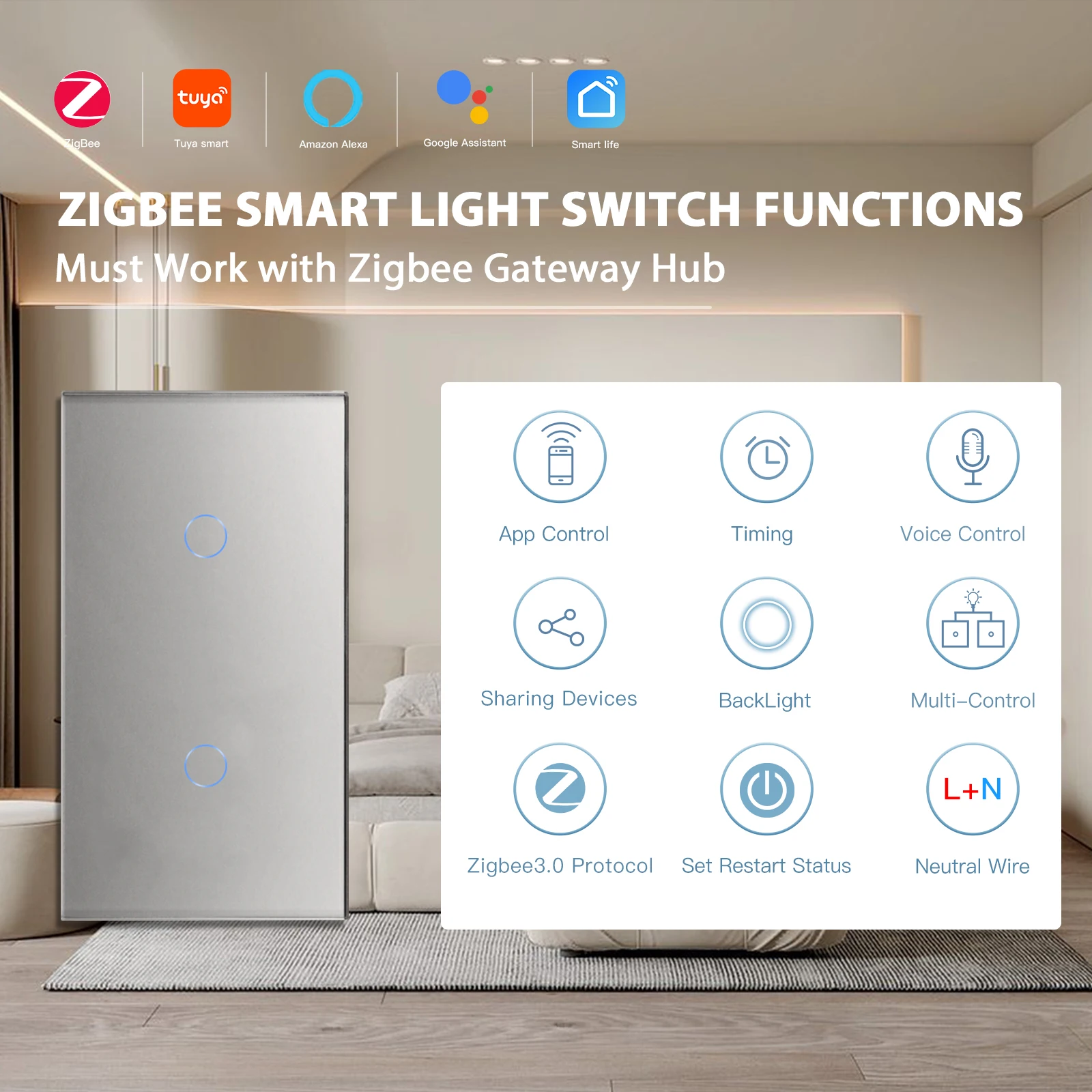BSEED Zigbee Smart Light Switches 2/3/4/6Gang Double Wall Touch Switches Tuya Smart Life Alexa App Control Neutral Version