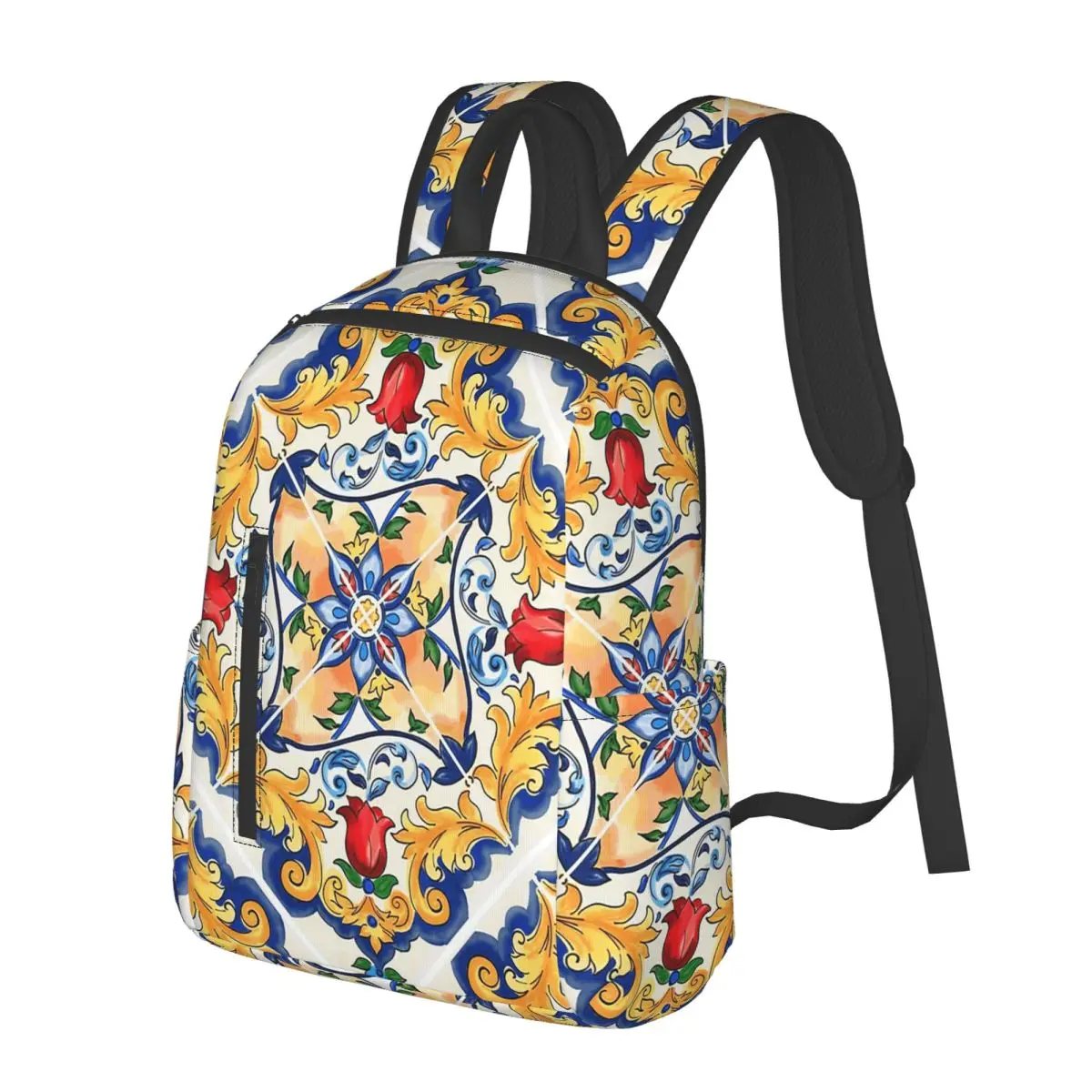 Sicilian Majolica Colourful Floral Flourishes Tile Pattern Student Backpack School Bag Hiking Travel Daypack