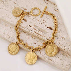 316L Stainless Steel Carved Queen Coin Pendant Bracelet For Women Punk Lock Flower Heart Charms Chain Bracelets Jewelry Gift