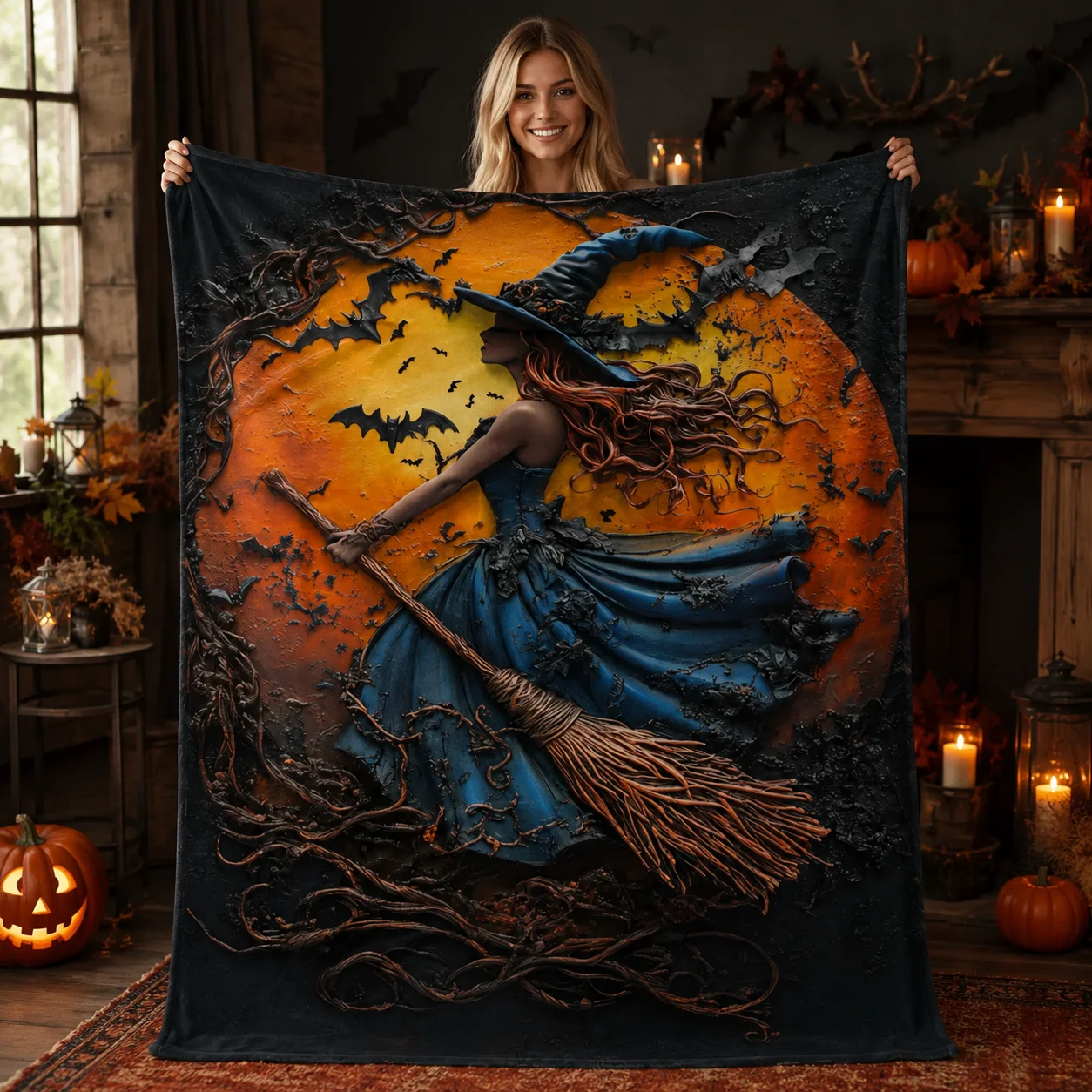 Halloween Blanket Cozy Flying Witch Design, Dark Academia Style Plush Throw, Spooky Season Gothic Decor, Witchy Gift