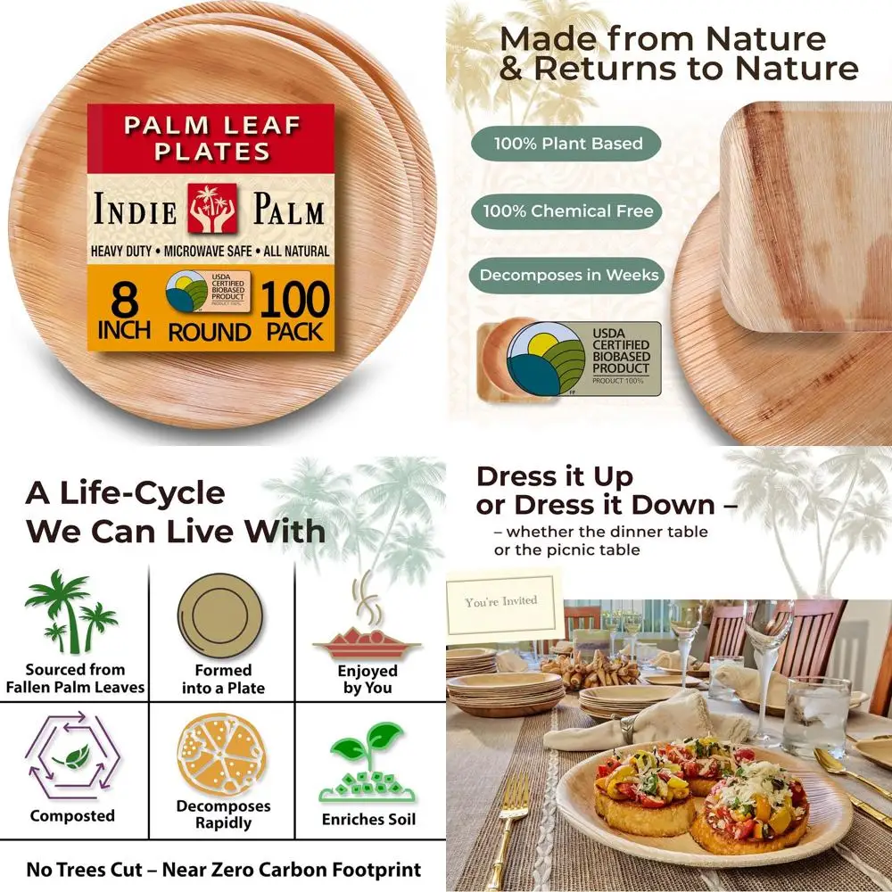 

100 Pack 8 Round Heavy Duty Compostable Palm Leaf Plates - Eco-Friendly Party & Event Tableware