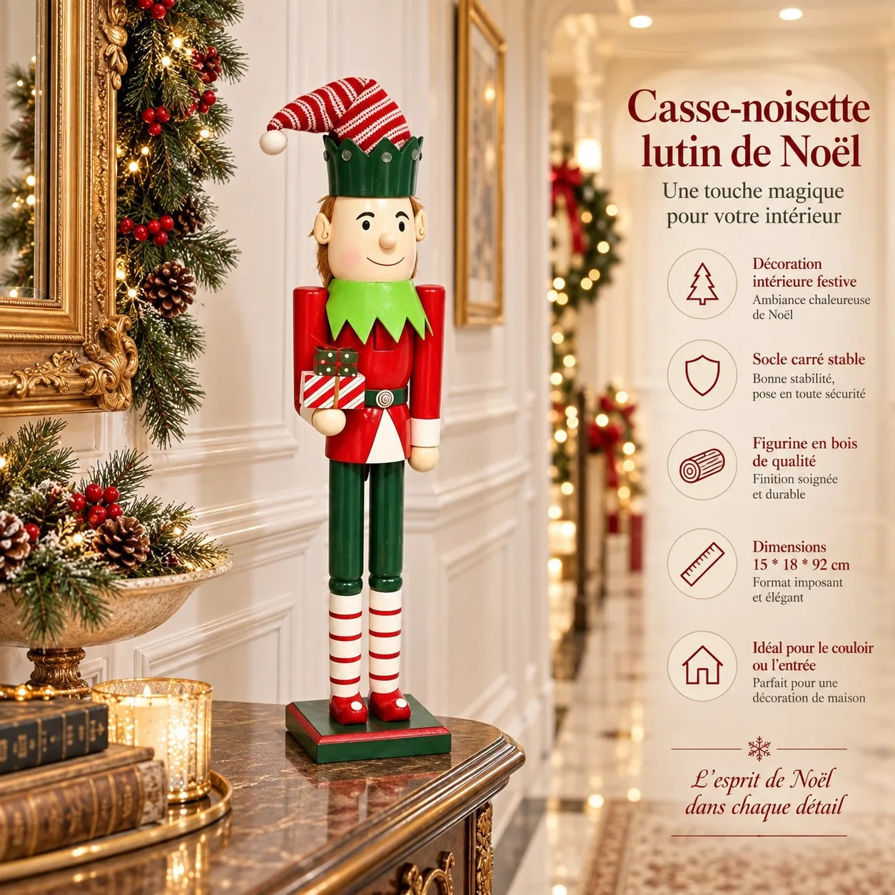 Grande Figurine Casse-Noisette Lutin de Noël en Bois 92cm - Décoration Festive Traditionnelle pour Intérieur, Salon, Entrée ou Vitrine - Design Rouge et Vert Élégant