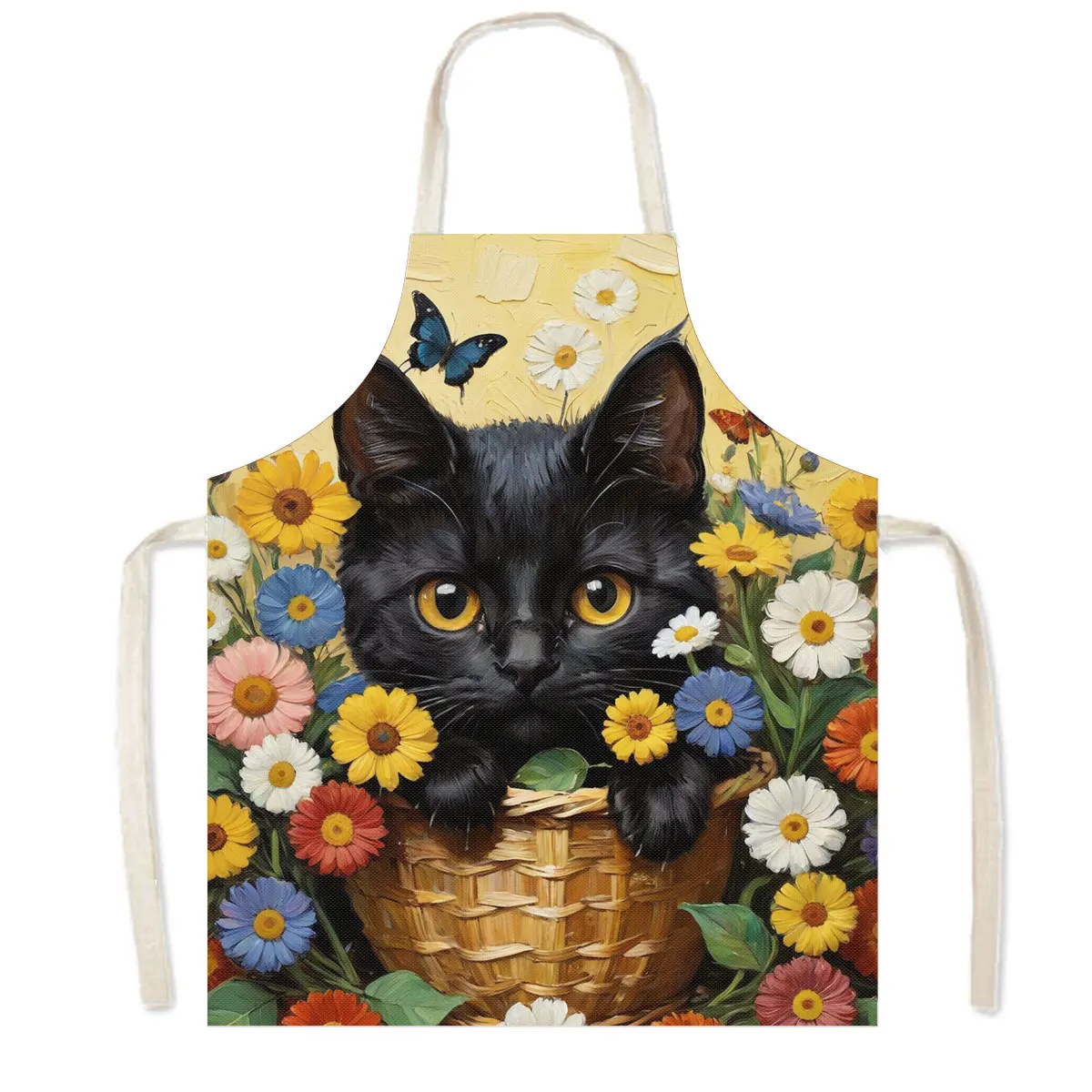 Van Gogh Black Cat Print Kitchen Aprons Oil Painting The Starry Night Home Cleaning Clothing Linen Pinafore Waiter Cooking Apron