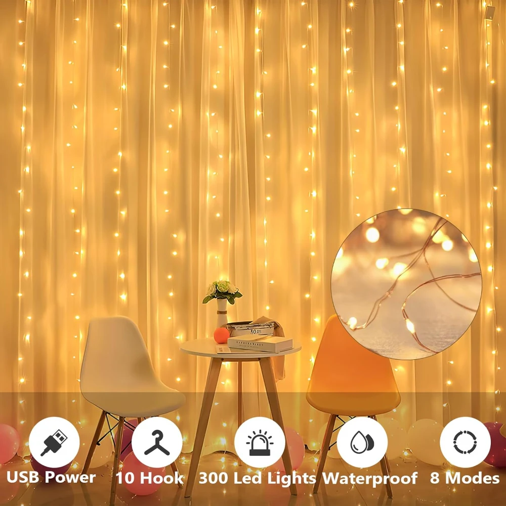 300Led Curtain Lights 8 Mode Christmas Fairy Light with Remote USB Plug in String Lights for Bedroom Wedding Party Decoration