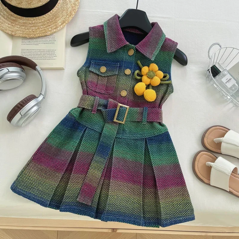 

2025Girls New Colorful Denim Dress Thin GradientpoloVest Dress