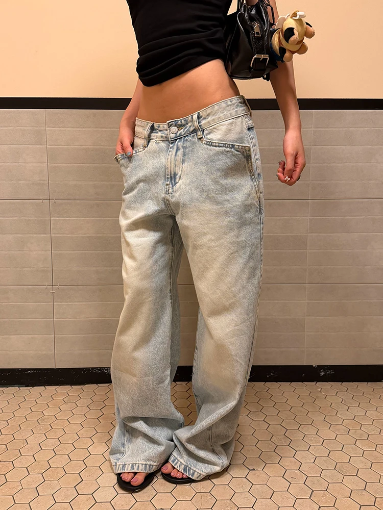 REDDACHiC Light Wash Women Wide Leg Jeans Korea Plain Distressed Straight Deconstructed Pocket Denim Pants Versatile Streetwear