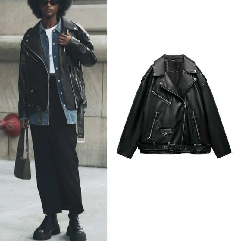 Loose Motorcycle Jaet PU Leather Simulation Bla Long Sve Turn-down Collar Multi-Zipper Autumn Winter New Sle Women's...