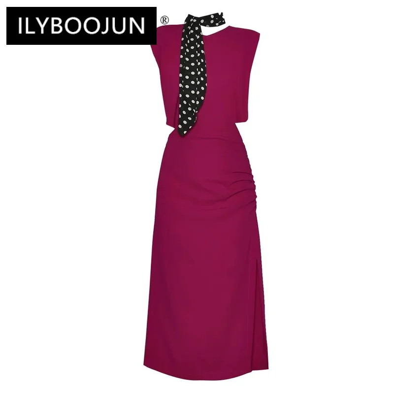 

ILYBOOJUN Summer High Quality New Arrivals Women Dress Solid Color Hollow Out Tunics Frill Trim Side Split Temperament Dresses