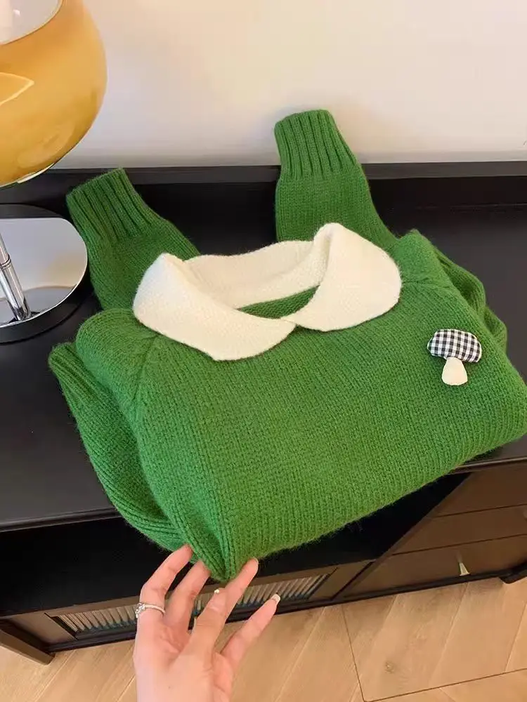 Green Doll Collar Pullover Sweater 2025 New Spring Women's Small Mushroom Decoration Knitted Shirt Casual Versatile Fresh Top