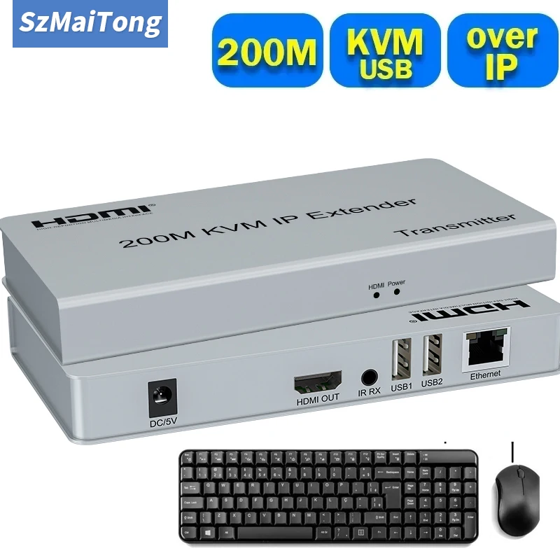 200M HDMI KVM Extender over IP/TCP CAT5e/6 1080P HDMI USB Extender Ethernet Transmitter by Network Switch Support Mouse Keyboard