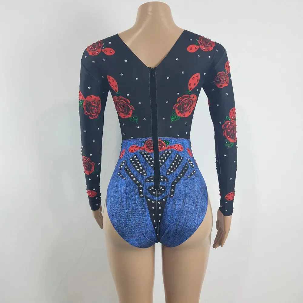 Modern Ballroom Dance Rhinestones Bodysuit Women Printed Long Sleeve Floral Leotard Nightclub Bar Sexy Performance Stage Costume