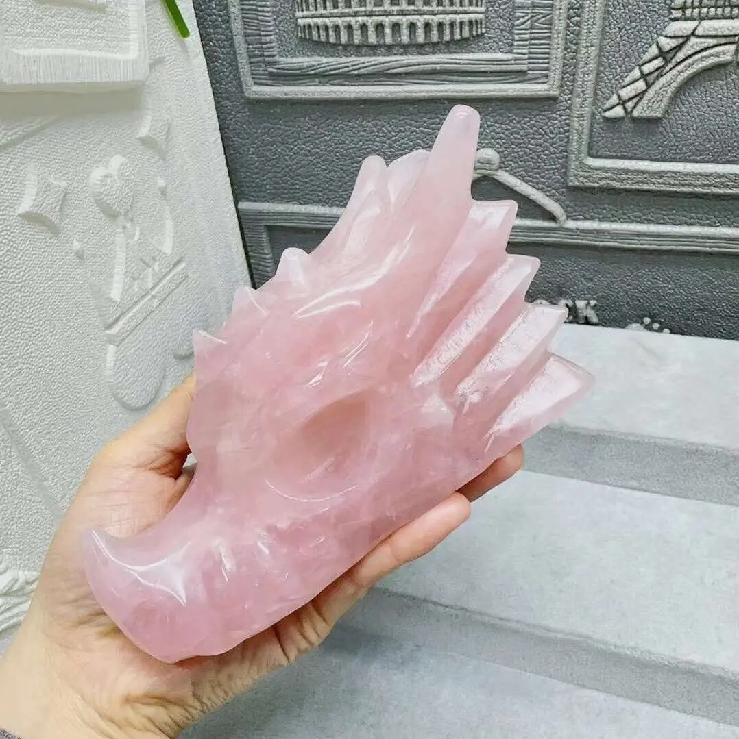 

Magical Natural Pink Quartz Dragon Head, Pink Quartz Stone Carved Dragon Head, Mineral Specimen Reiki Healing Stone, Home Decora