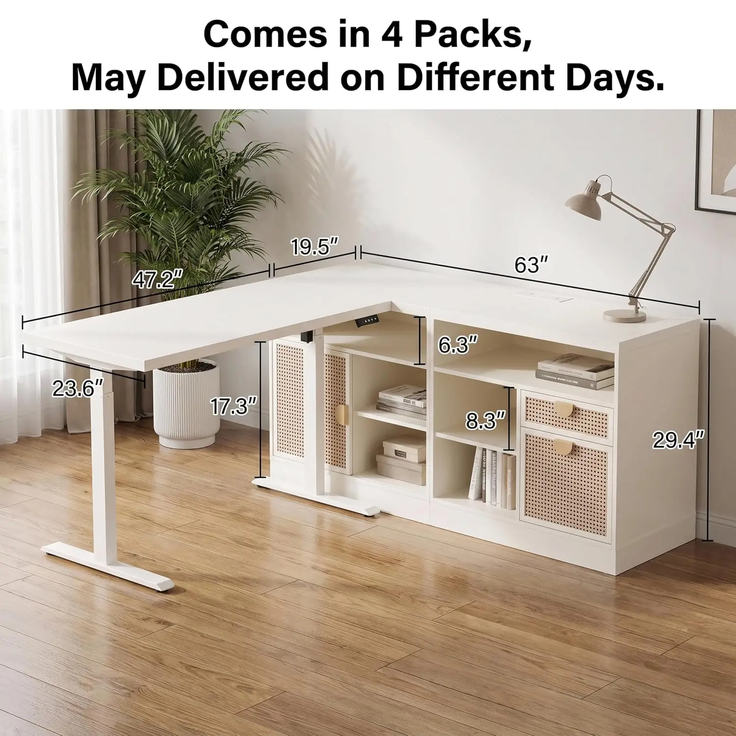 L-Shape Electric Stand Desk With Drawers & File Cabinet, 67 Inch, Customized