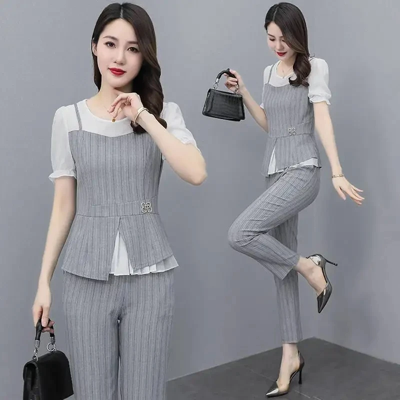 Women Oversize Patchwork Striped Slim summer Pants Sets 2024 New Fashion O-Neck Female 2 Pieces Outfits High Quality