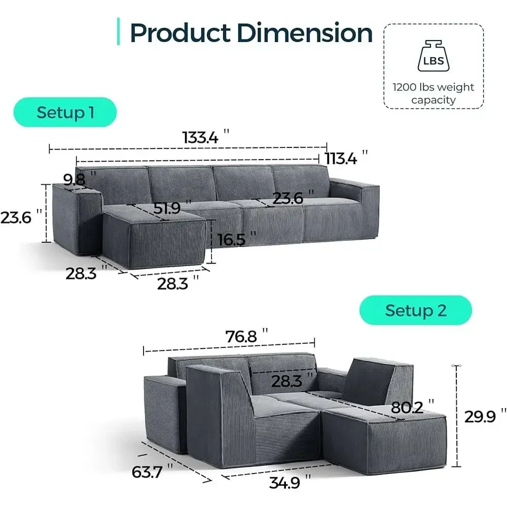 Sofa L Shaped Couch with Ottoman Corduroy Fabric Living Room