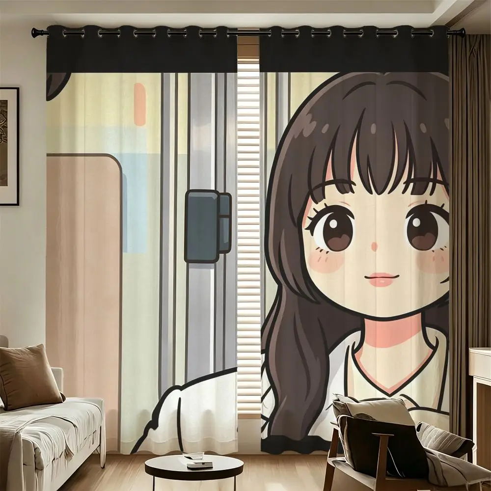 Chibi Bangs Girl Curtains 2 Panels 85% Light Blocking Printed Curtains Darkening Curtains Decoration Curtains Teen Room