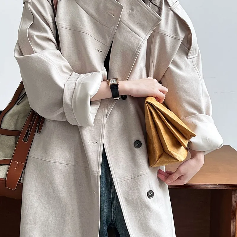 

Stand Collar Trench Coat Women's New Linen Worsted Mid-Length Drape