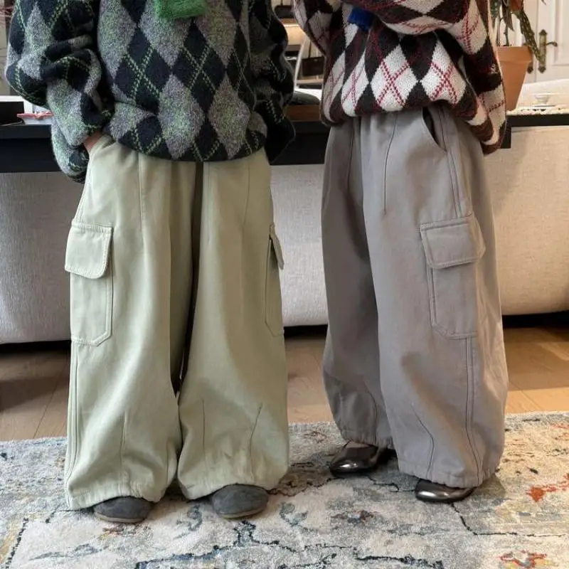 2026 Winter New Children Fleece Casual Pants Solid Boys Cargo Pants Plus Velvet Thick Girls Straight Leg Pants Kids Clothes