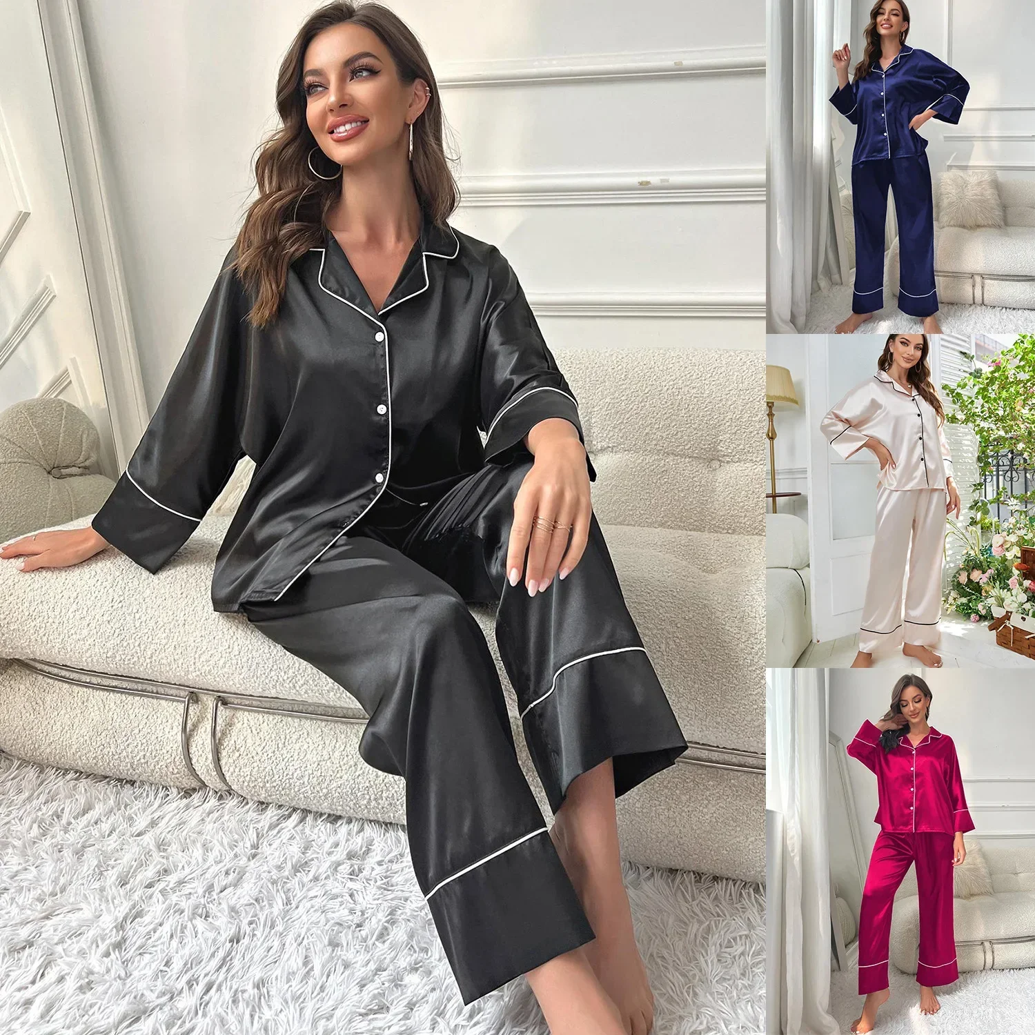 Silk Satin Women‘s Pajamas Set Notched Collar Top & Wide Leg Long Pants 2 Pieces Sleepwear Female Loungewear Like Leisure Suit