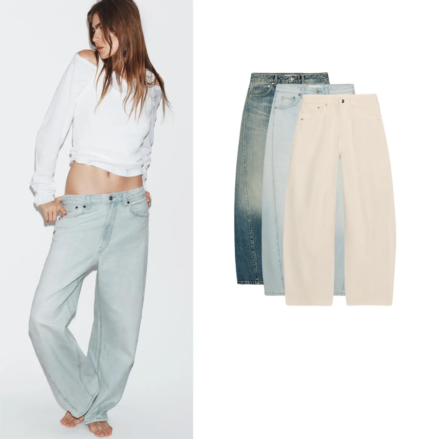 Spring New Women's Loose Fit Casual mid Waist Zipper Twist Stitching Denim Jeans Polyester Fiber Neutral Style No Brand