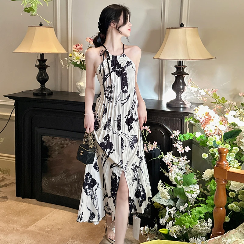 

Новинка, летнее черное платье с подвесным воротником, Женская юбка с искусственным принтом для отдыха на море