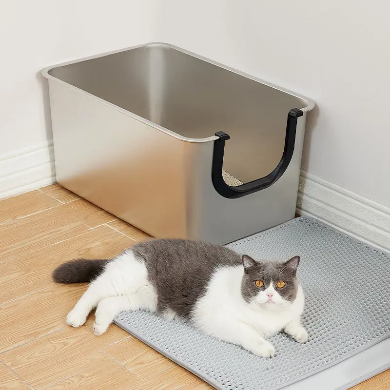 

60cm Large Stainless Steel Cat Litter Box Anti-Splash Cat Bedpans Scratch Proof Litter Pan U-shaped Opening Kitty Washroom