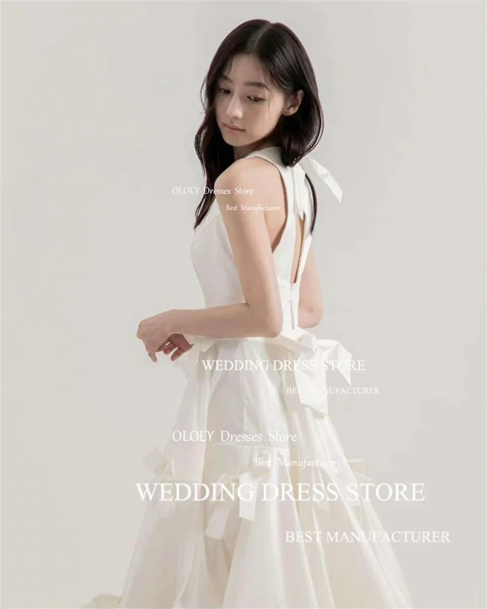 OLOEY Simple Satin Ivory Wedding Dress Korea Photoshoot Bow O-Neck Sleeveless Floor-Length Bride Dress Robe de mariage