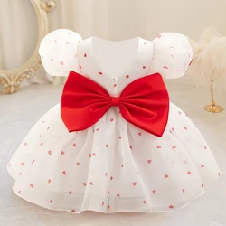 Baby White Baptism Party Dress for Kids Fairy Love Printed Bow Puff Sleeve Gown Elegant 1st Birthday Wedding Prom Girls Dresses