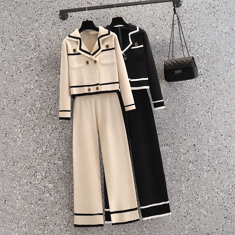 

Women Knitted Set Spring Autumn Long Sleeve Notched Collar Jacket+ Wide Leg Straight Pants 2PCS Suits Lady Outfits